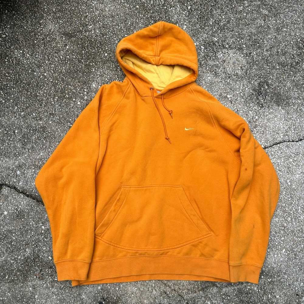 Vintage Nike Hoodie Orange Yellow Swoosh Pullover Sweatshirt Mens Large